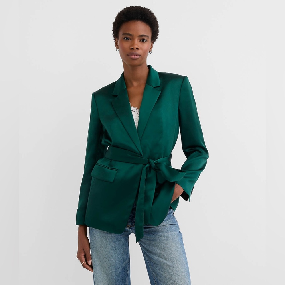 NWT Satin Belted Modern Blazer in Deep Spruce Green